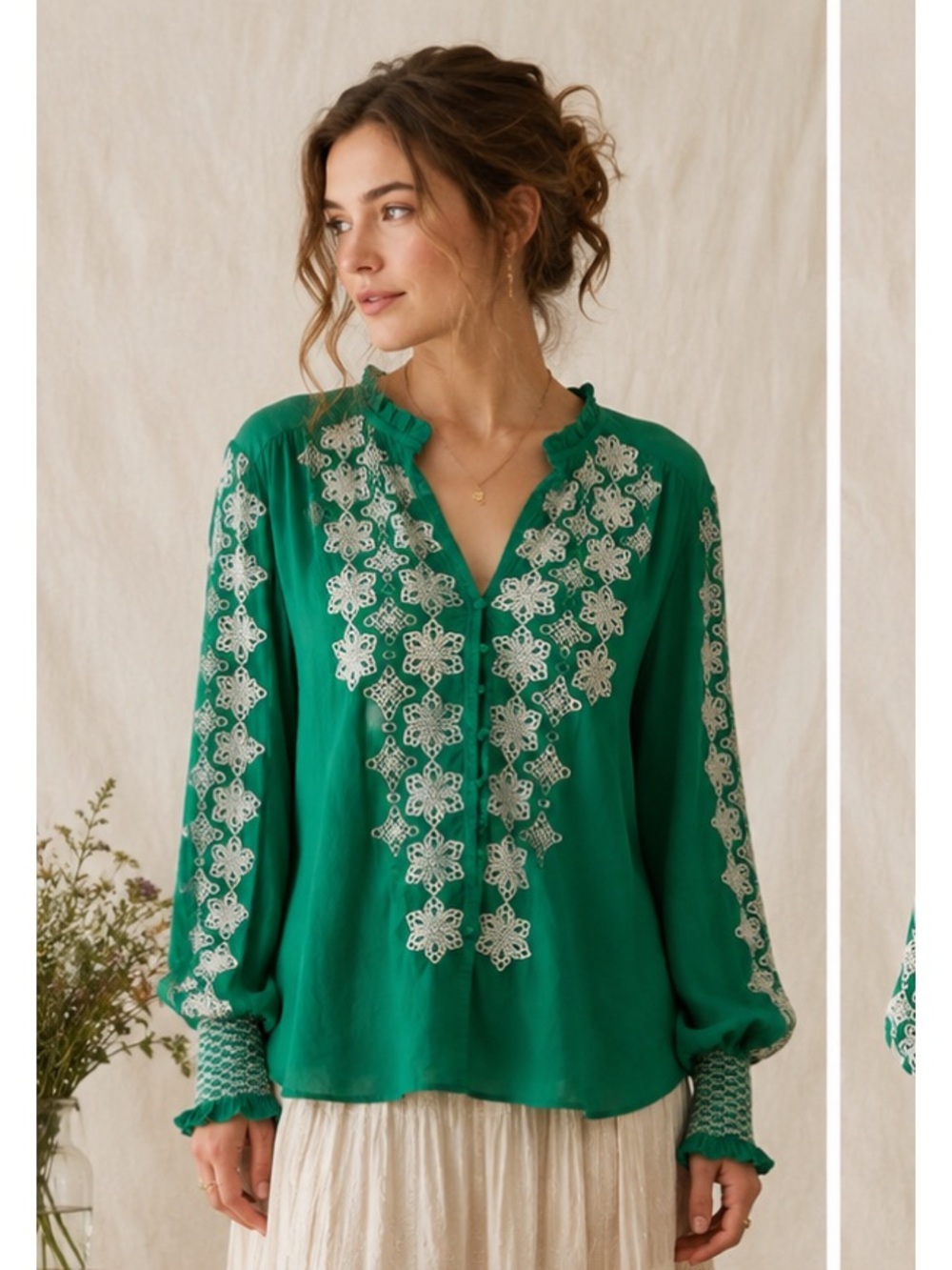 Gibson Latimer Emerald Green Boho Cottagecore Embroidered Peasant Blouse 2XL